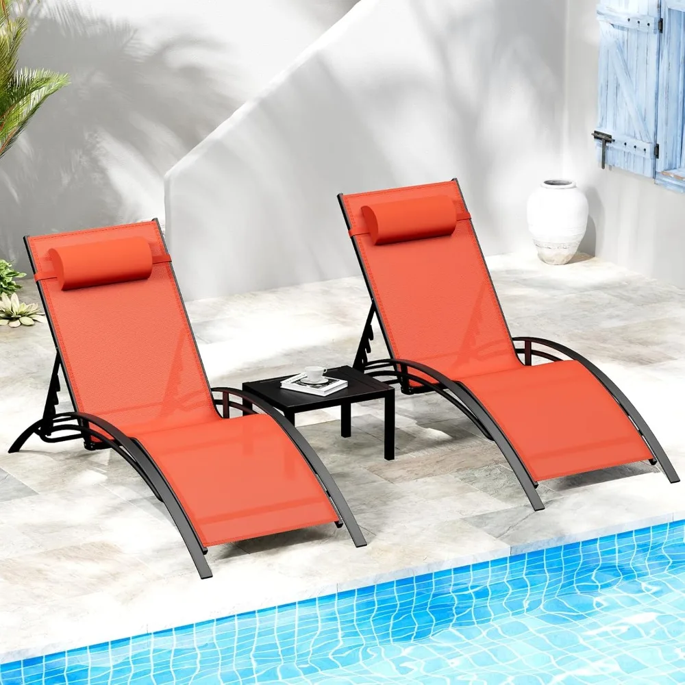 

3 pcs Poolchairs Patio Chaise Lounge Set with Headrest, 5-Level Adjustable Sunbathing Tanning Poolside Recliner, Customized