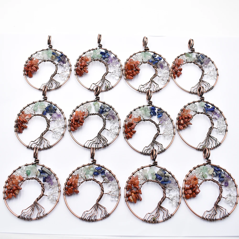 

Wholesale 12pcs/lot mixed natural stone Tree of life Ancient coppe plated wire wrapped Pendants 50mm for jewelry marking free