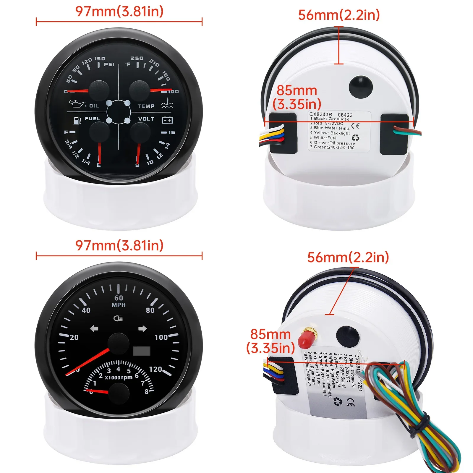 2pcs Black Gauge 85MM Tachometer for Boat Motor GPS Speedometer 120MPH & Fuel Level Meter Volt Water Temp Oil Press Gauge PSI