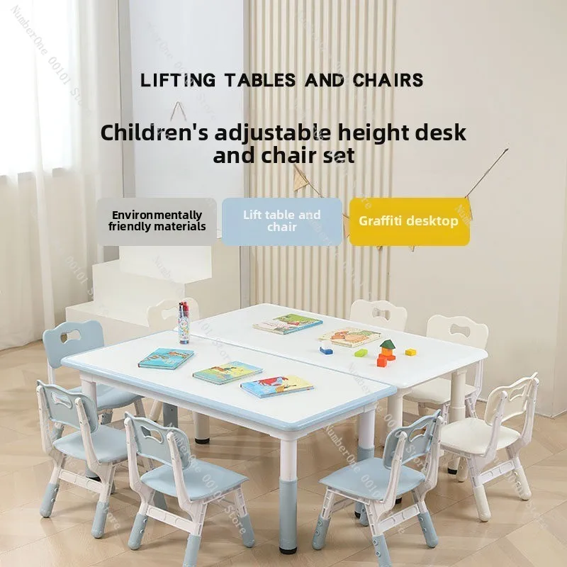Children Liftable Learning Table and Chair Set, Kindergarten Furniture Household Writing Desk for Kids