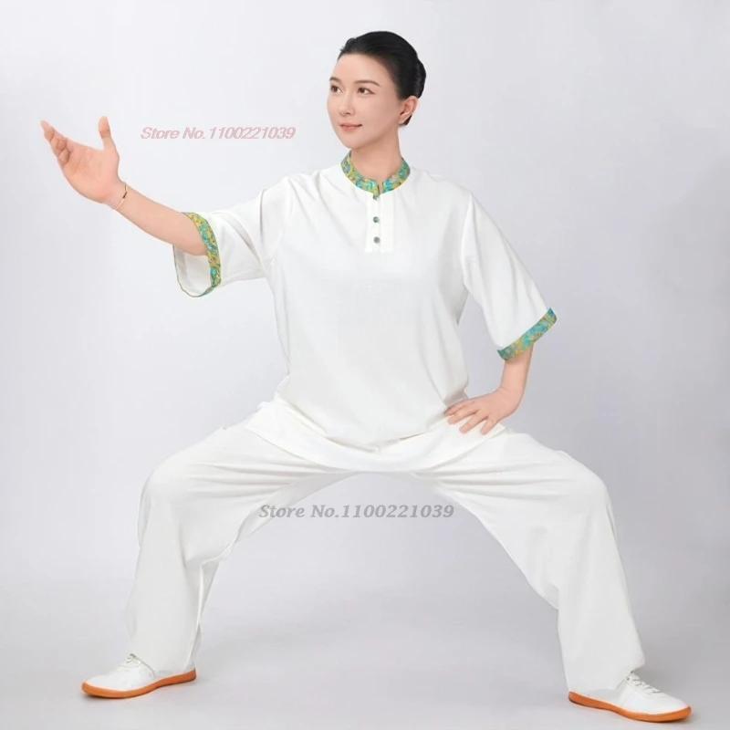 

2025 chinese vintage martial art uniform tai chi clothes traditional cotton linen wushu exercise clothing kungfu tops+pants set