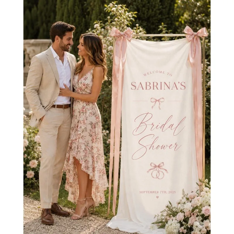 Custom Bridal Shower Sign, Bride Name Banner, Bow Wedding Welcome Decor, Outdoor Party Backdrop, Side Ribbons Not Included