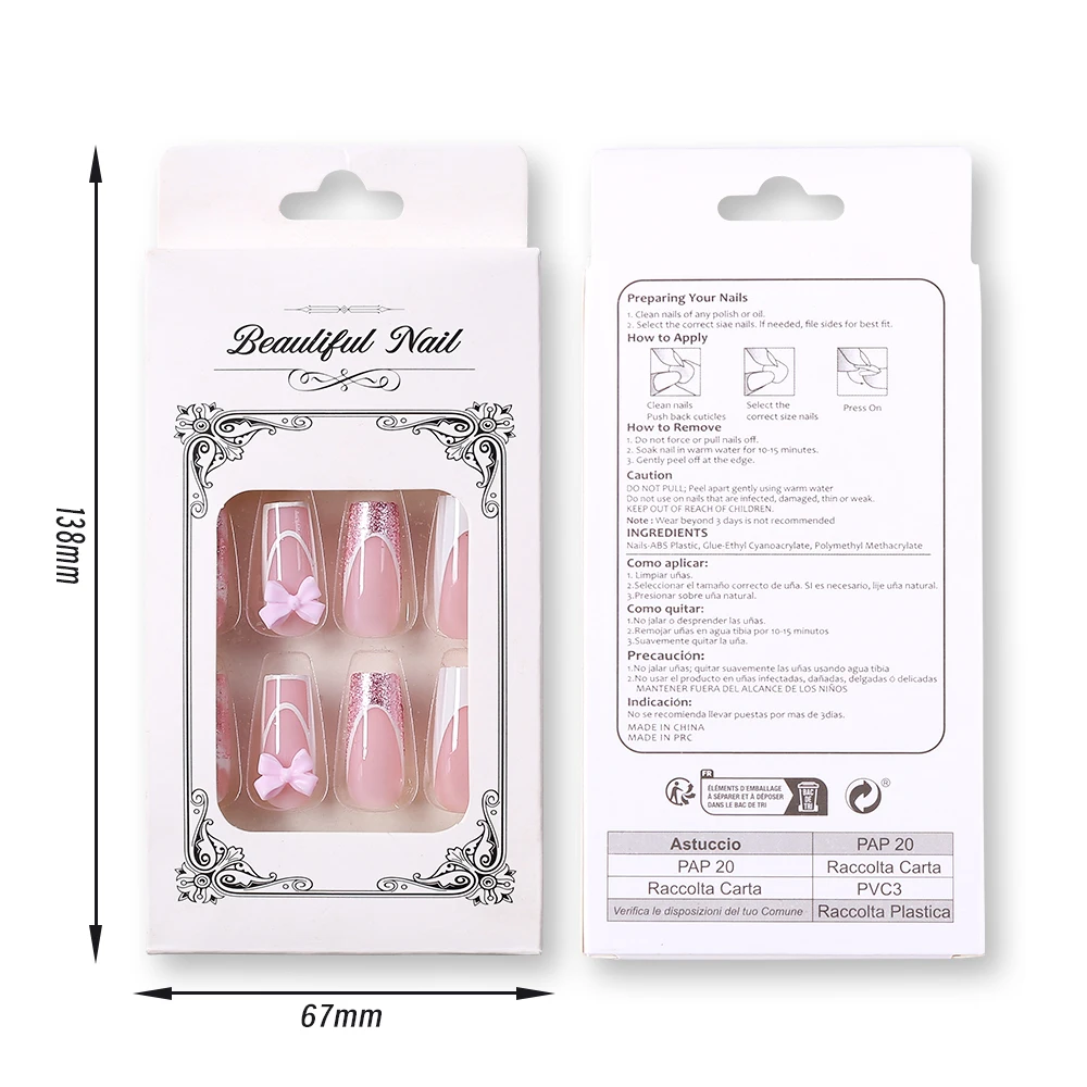 24Pcs Pink Bowknot French Fake nails Patches 3D Pink Glitter Bow Long Coffin French False Nails Full Cover Acrylic Press on nail