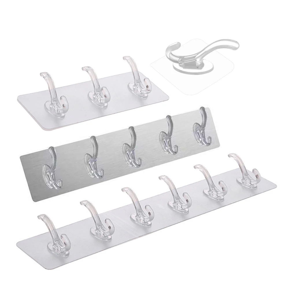 1pc Self-adhesive Row Hook 1/3/5/6 Hangers Wall Door No-drill Transparent for Bathroom Towel Kitchen Utensils Coat Bag Key Hat