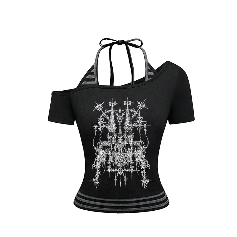 

Y2K для девочек, камуфляжная поддельная двухсекционная дизайнерская жилетка на подтяжках, повседневная ретро-модная летняя женская футболка