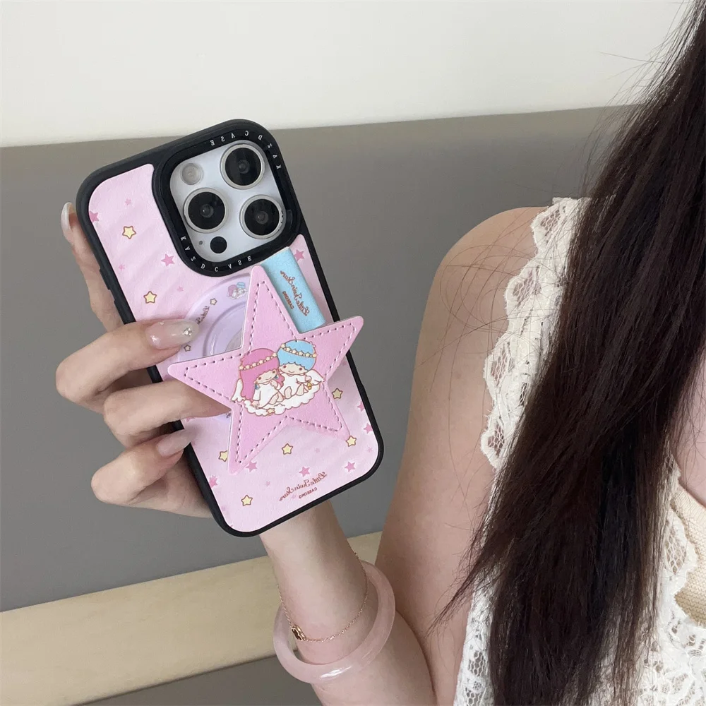 

Luxury Fashion Leather Angel Star Cartoon Magnetic Stand Phone Case For iPhone 13 14 15 16 17 Pro Max water For Magsafe Holder