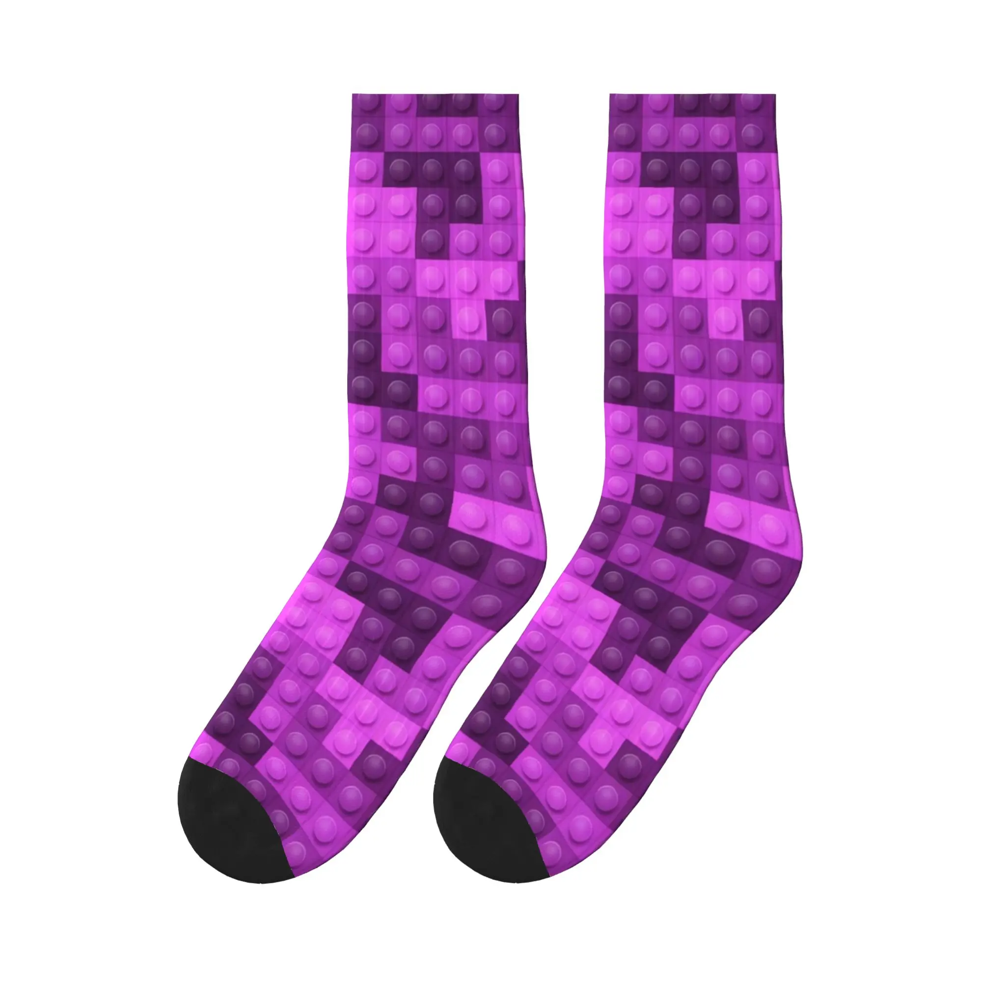Purple Gradient Building Blocks Print Socks Autumn  Stockings Kawaii Unisex Men Soft Socks Design Outdoor Sports Non Slip Socks