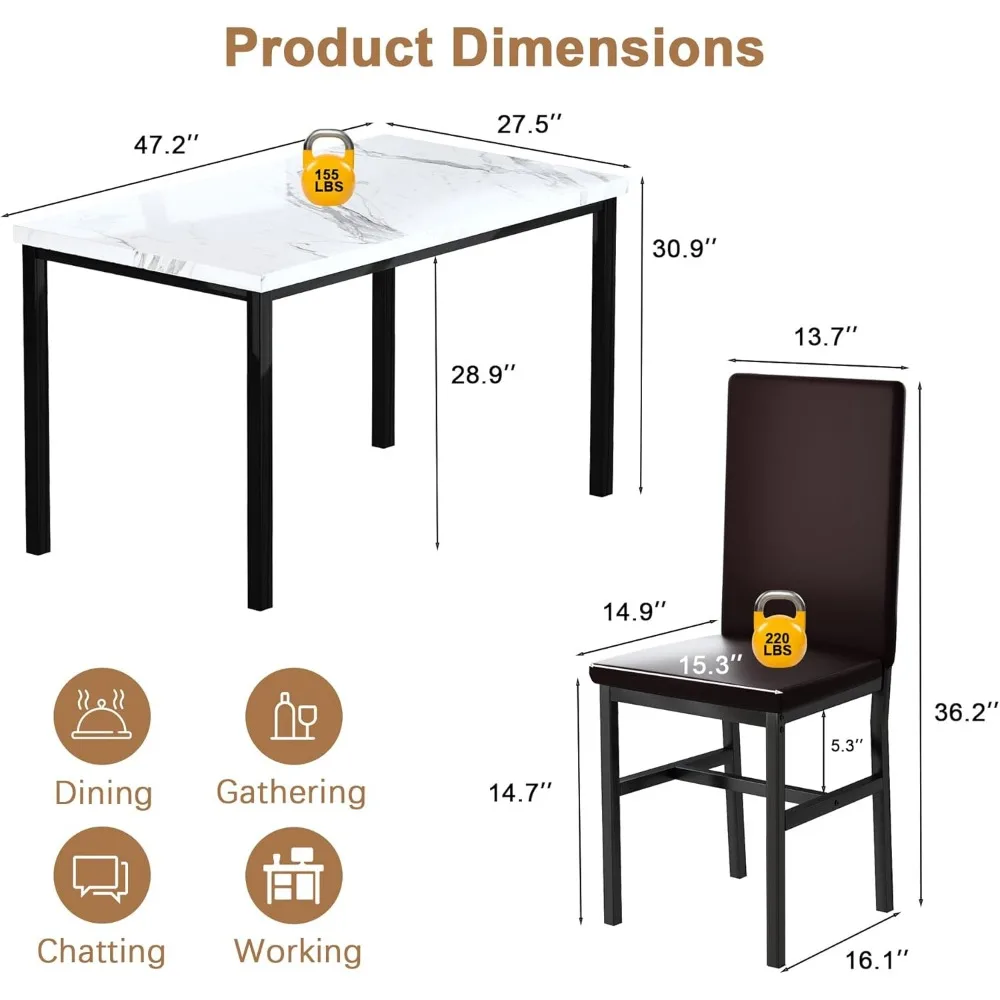 Eettafelset Voor 4, Moderne Keukentafel Stoelen Set Van 4, Faux Marmeren Eetkamer Set Voor 4 Ruimtebesparende 5-delige Dinette