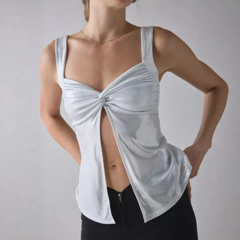 

Women's 2026 New Fashion Sexy Spice V-Neck Pleated Slim Fit Cardigan Vest Camisole Top