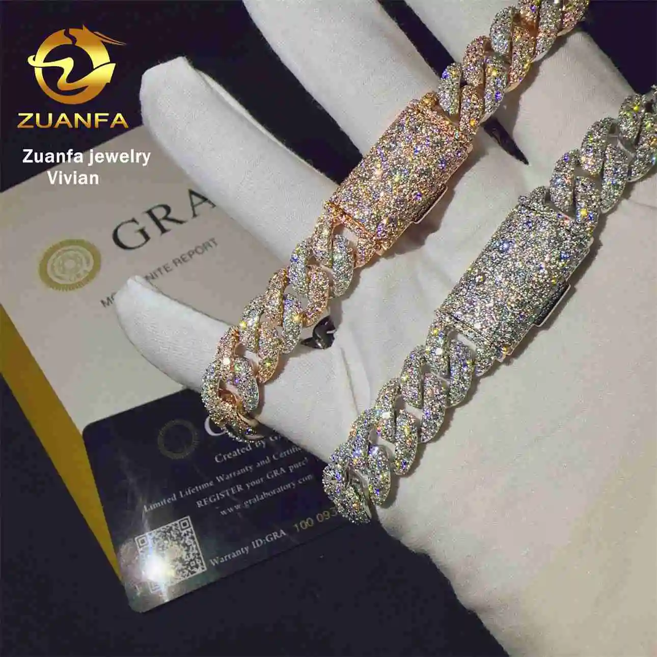 Setting Mosaic 12mm Sterling Silver 925 VVS Moissanite Diamond Hip Hop Moissanite Miami Cuban Link Chain Bracelet.