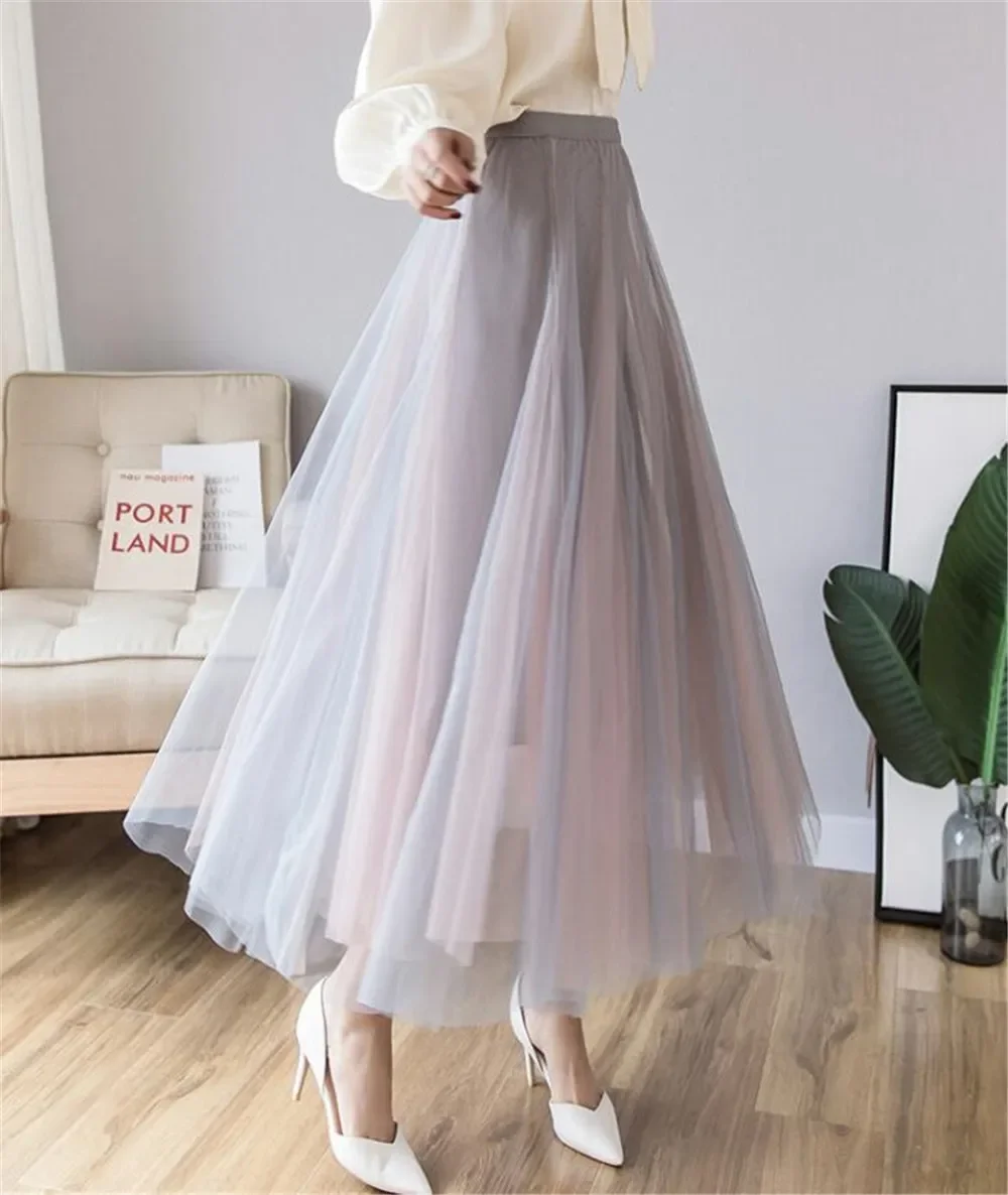 

100cm Vintage Long Tulle Maxi Skirts Women Korean Style Elastic High Waist Mesh Skirt Maxi Pleated Tutu Skirt Female fashion