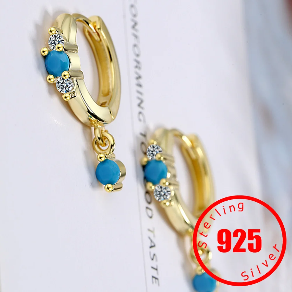 Vintage Natural Turquoise Hoop Earrings Solid Stamp 925 Sterling Silver Luxury Trendy Earring For Women Wedding Jewelry