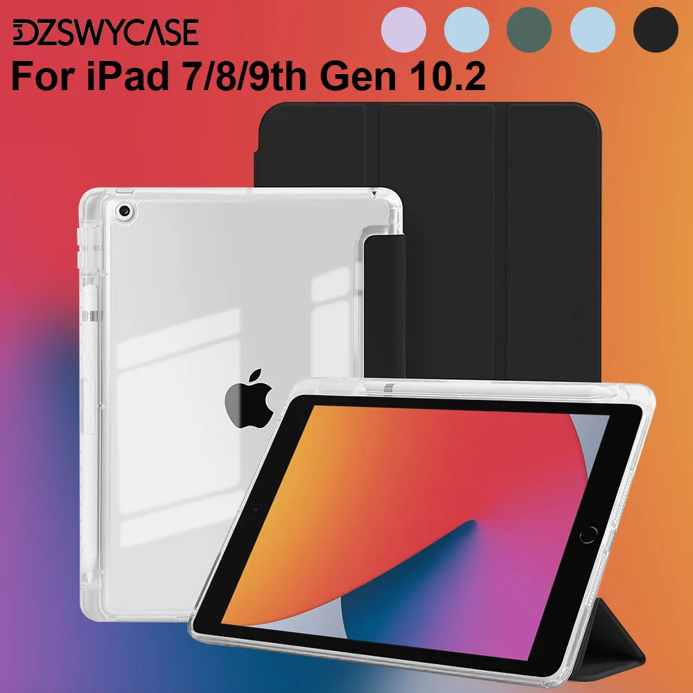 

Чехол для iPad 10,2 9/8/7-го поколения 2021/2020/2019, тройная подставка, прозрачная задняя крышка с держателем для карандашей, чехол для автоматического сна/пробуждения