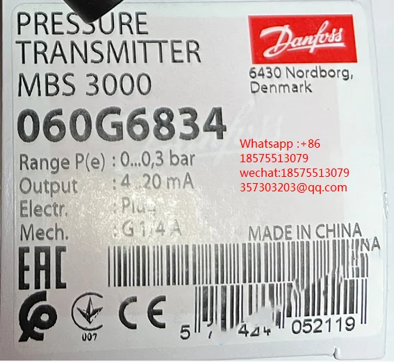 For Danfoss MBS3000 060G6834 060G3437 060G3756 060G1429 060G1107 060G6139 060G6141Pressure Sensor 0-0.3bar 4-20mA 1 Piece