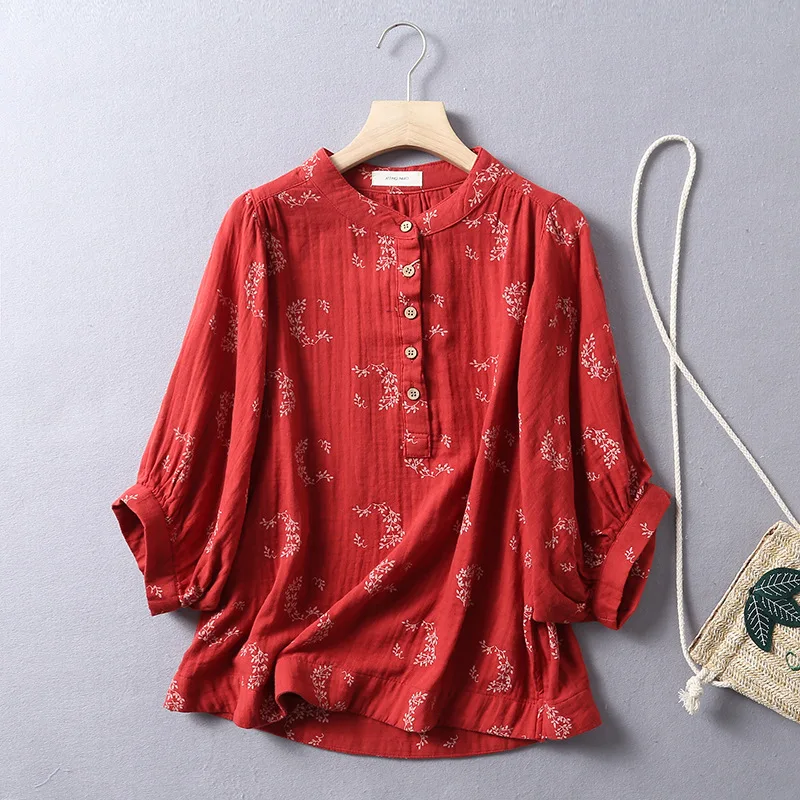 New Spring Cotton Yarn Casual Retro Shirt Women Half Sleeve Stand Neck Floral Top Girl OL Loose OL Blouse 2024 Summer T447116QM