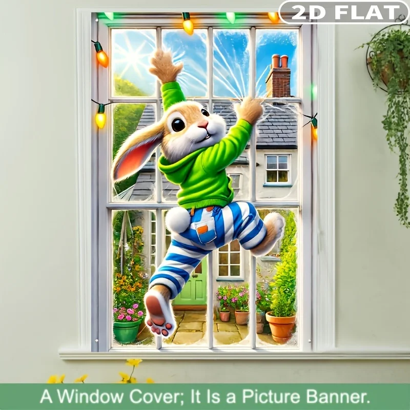 2D Flat 1pc Easter Bunny Window Banner, Rabbit Window Cling - 80x120cm Durable Polyester Flag, Easy Hang, No Power Needed