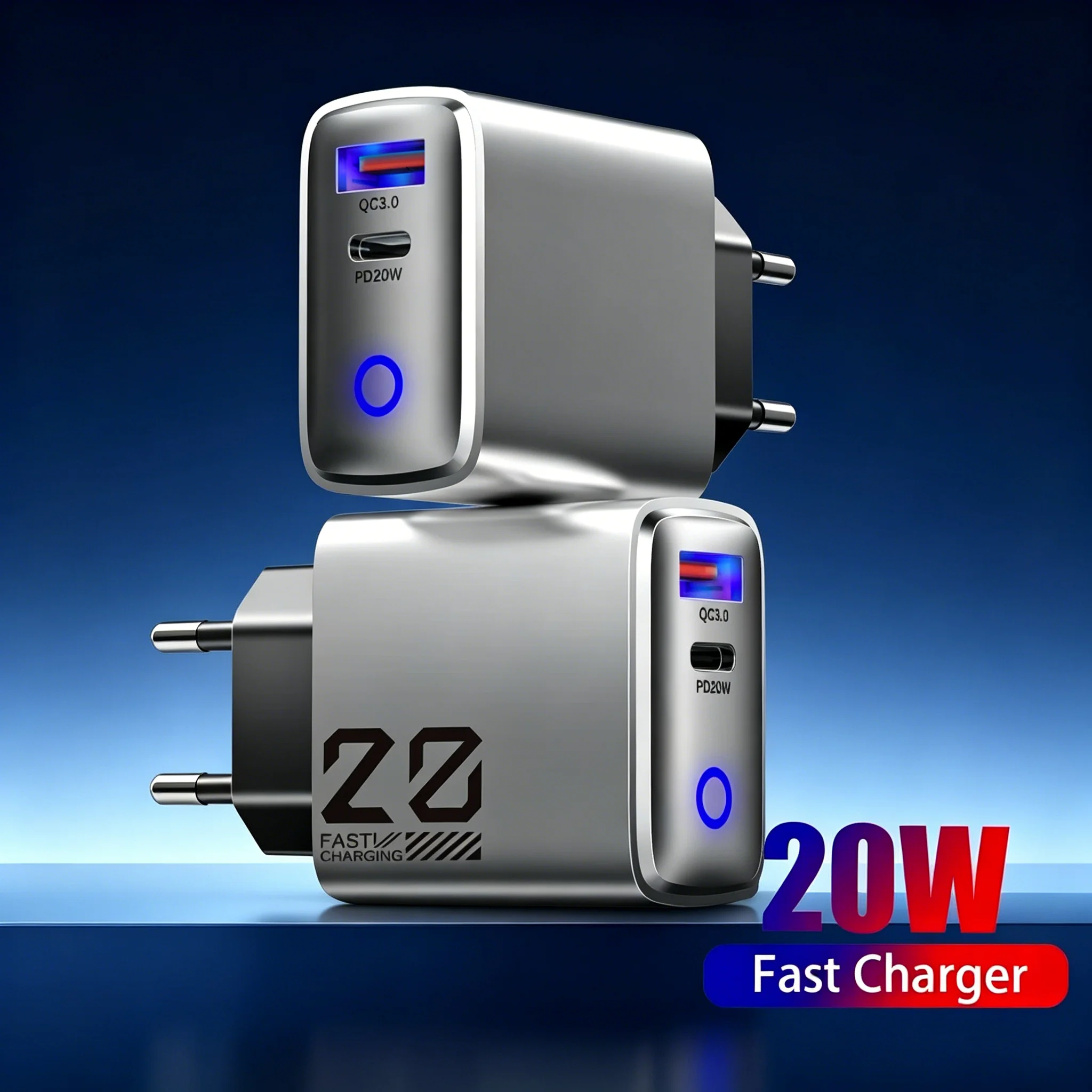 20W Dual Port Fast Charging Charger, QC3.0+PD USB Type C Wall Power Adapter, Multi-Port Travel Charger for iPhone Samsung Xiaomi
