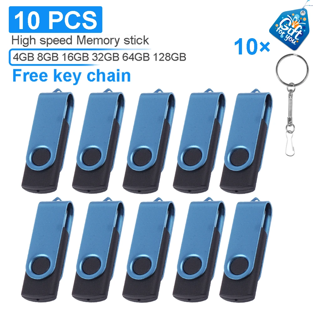 10pcs/lot Blue Rotatable USB Flash Drive 128GB 100% Real Capacity Memory Stick 64GB Free Key Chain Pen Drive 32GB Business Gift