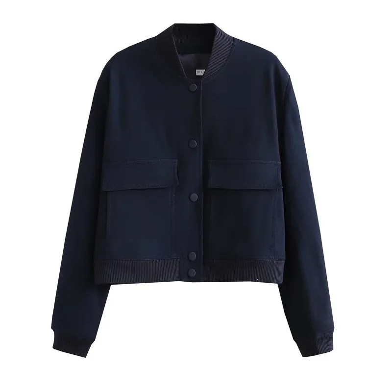 Women Cropped Bomber Jacket Ribbed Collar Cuff Snap Button Flap Pocket Long Sleeve Casual Short Coat