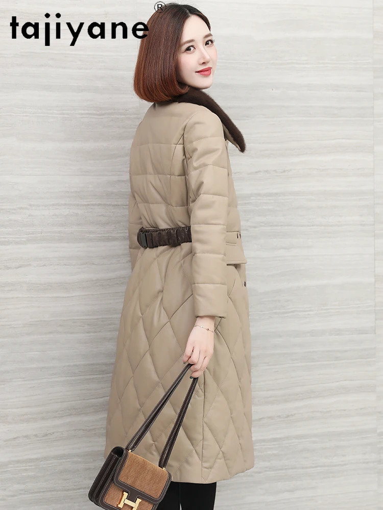 TAJIYANE 100 % Echtes Schaffell Daunenmantel Frau Echtes Leder Lange Schlanke Pufferjacke mit Nerz Pelzkragen 2025 Winterkleidung