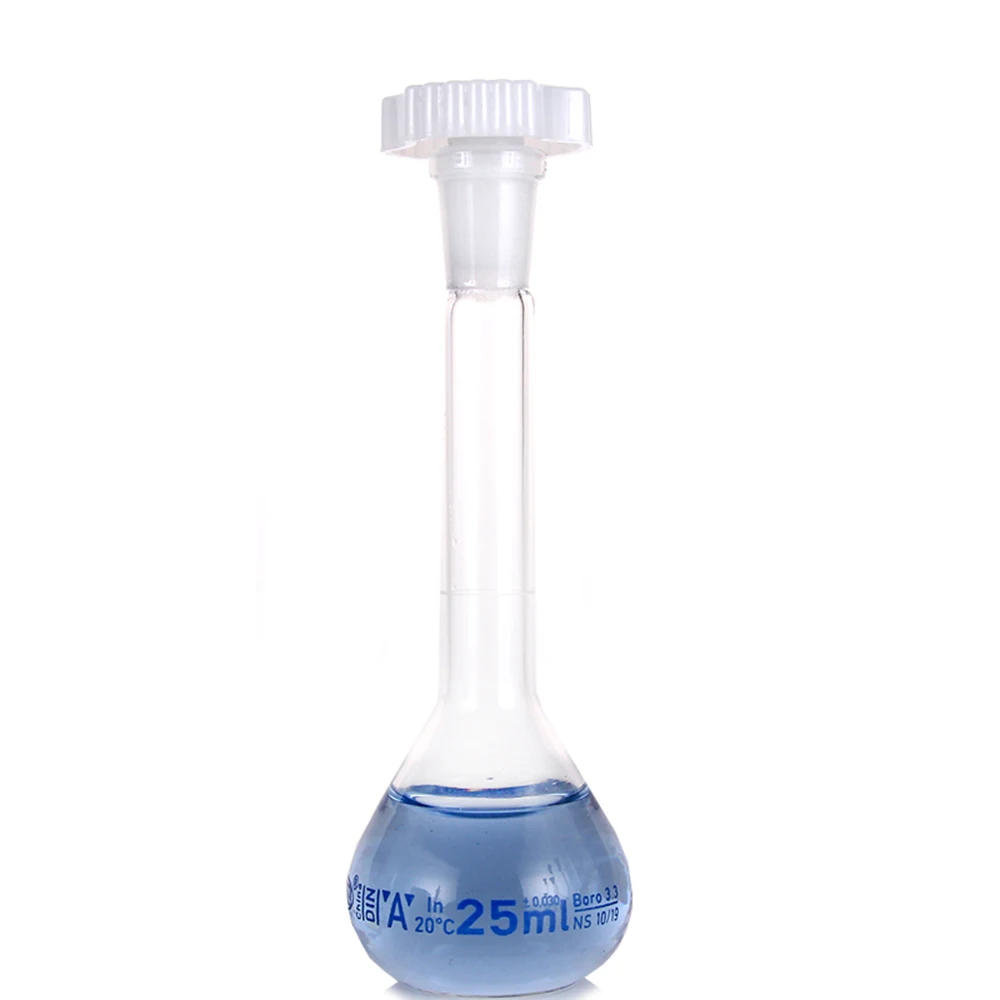 Boccetta volumetrica in vetro borosilicato da laboratorio trasparente da 25 ml con tappo in plastica Fornitura di vetreria trasparente per laboratorio da ufficio