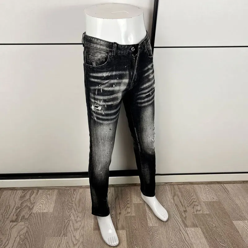 Designer High Street Fashion Jeans Stretch Slimming Washed Scratched Wrinkled Jeans Black Grey Hip Hop Brand Painted Pants Hombr