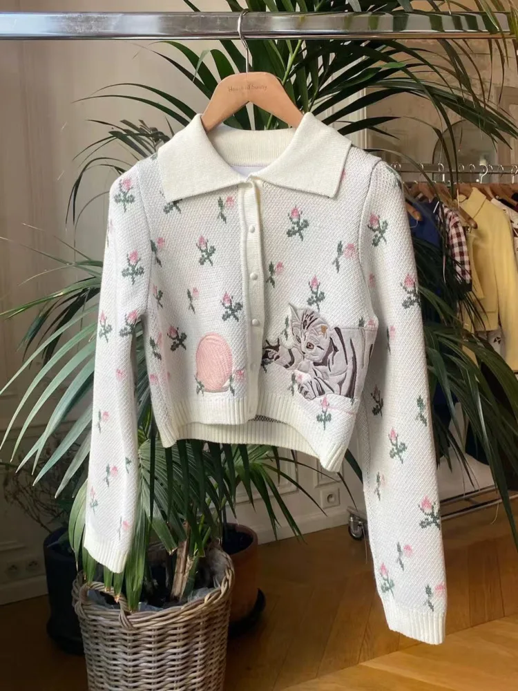 

Модный нишевый вязаный кардиган с принтом кота для женщин, новинка осени/зимы 2025, свободные модные топы с отложным воротником и длинными рукавами