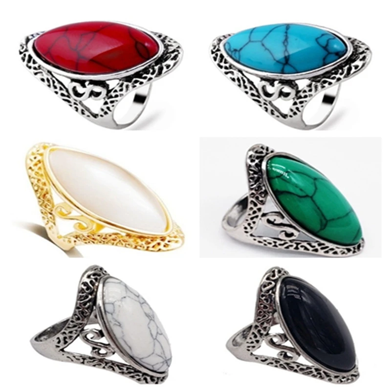 Ofertas Vintage Bohemian Style 6 Colors Oval Stone Finger Rings Jewelry for Women Engagement Wedding Bridal Size 6 -11