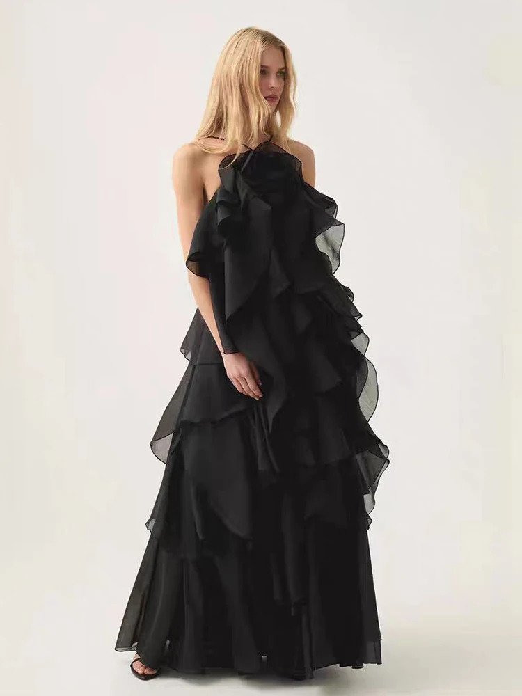 

Designer retro sexy sleeveless halter dress 2025 summer women's dress fashion loose multi-level ruffled pommel skirt