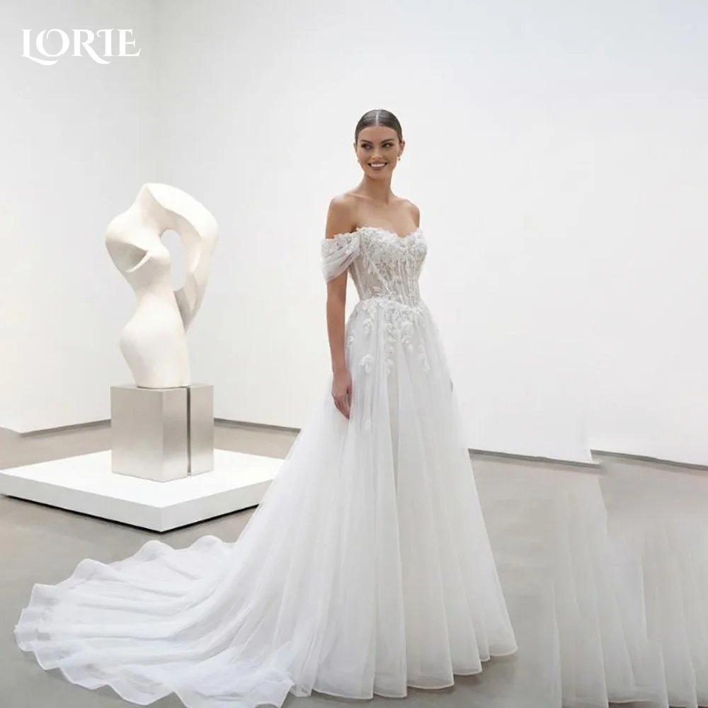 

LORIE Appliques A-Line Wedding Dress Shiny Off Shoulder Lace Bridal Gown Customized A-Line Floor Lenth Bride Dress Saudi Dress
