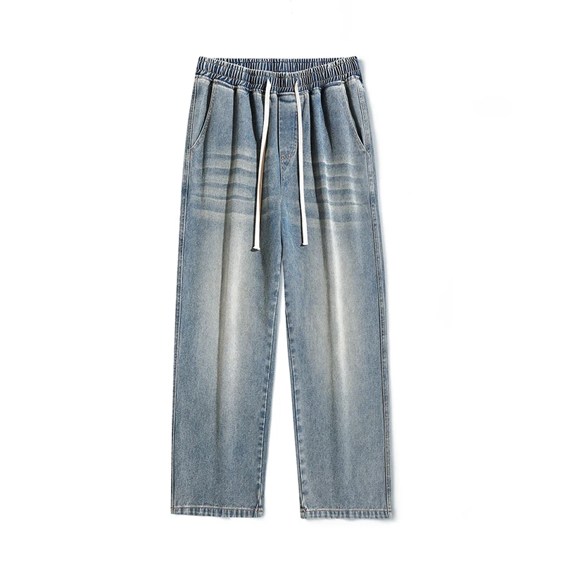 Calça jeans reta lavada com elástico de cor sólida, calças cortadas de cintura alta, roupas soltas, moda coreana, primavera, verão, nova, 2024