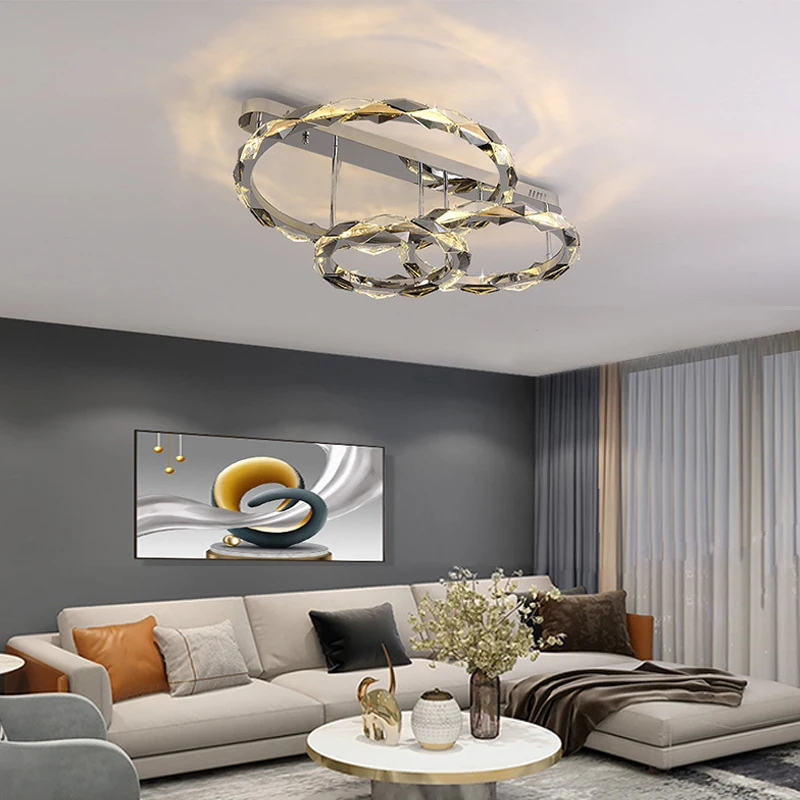 2025 New Rings Lustre Modern Dimmable Crystal LED Ceiling Chandelier Light for Whole House Package Indoor Decor Lighting Fixture