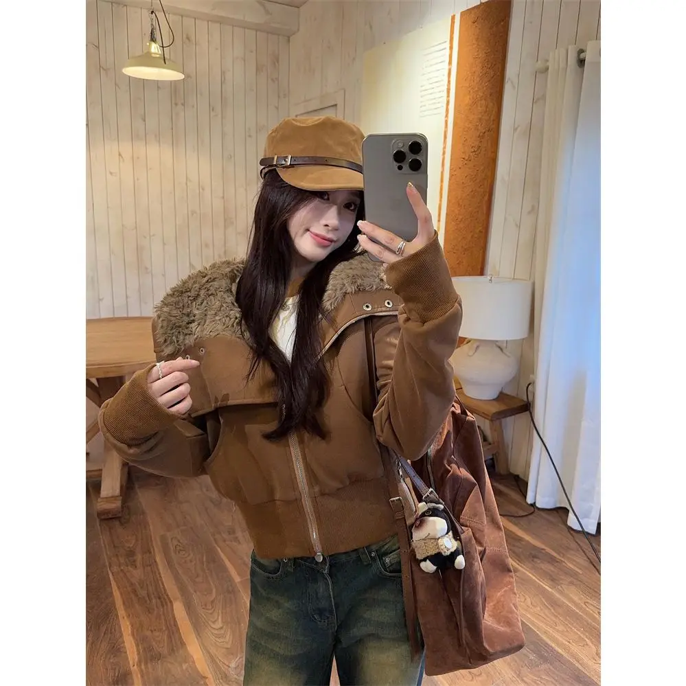 

Y2K Retro Fur Collar Jacket Women's 2025 Autumn and Winter New American Fashion Design Short Top