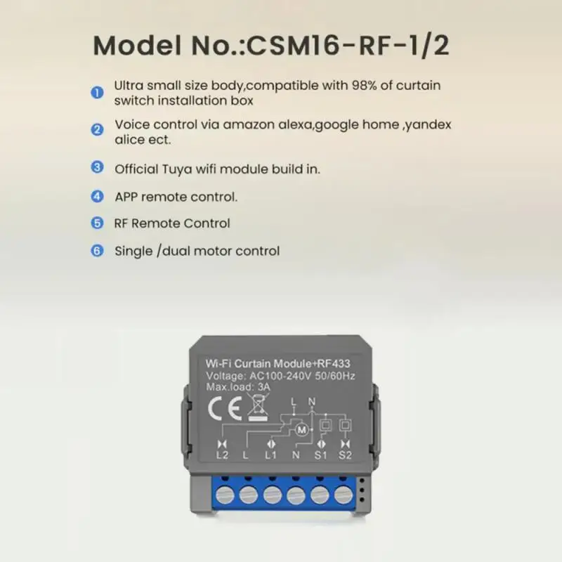 Tuya WiFi Smart Curtain Switch Module with RF433 Remote for Roller Shutter Blinds Motor Work with Alexa Google Home Alice