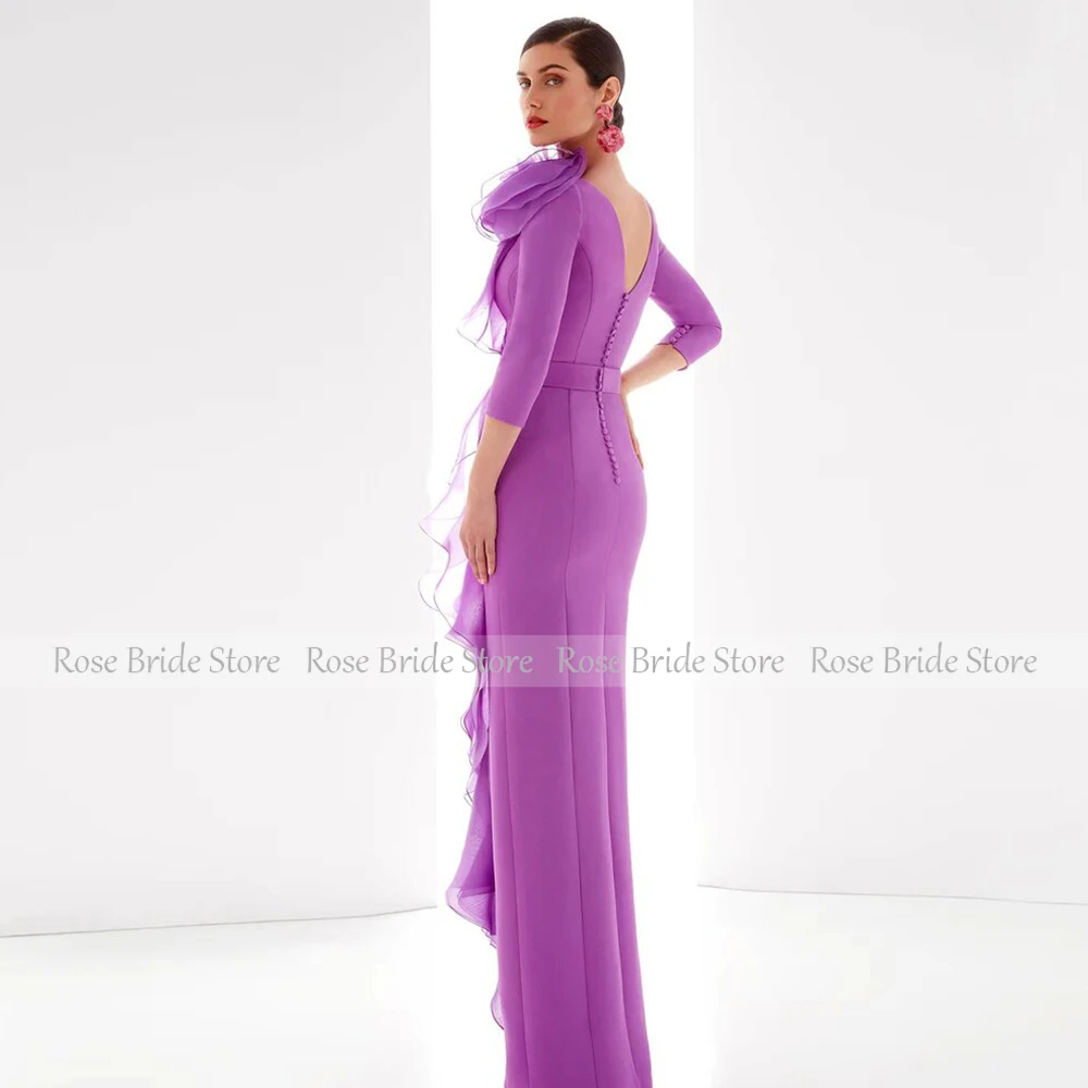 Elegant Special Occasion Dresses Purple Flower Ruffles Wedding Party Gowns Column Jewel Floor Length 3/4 Sleeves Evening Dress