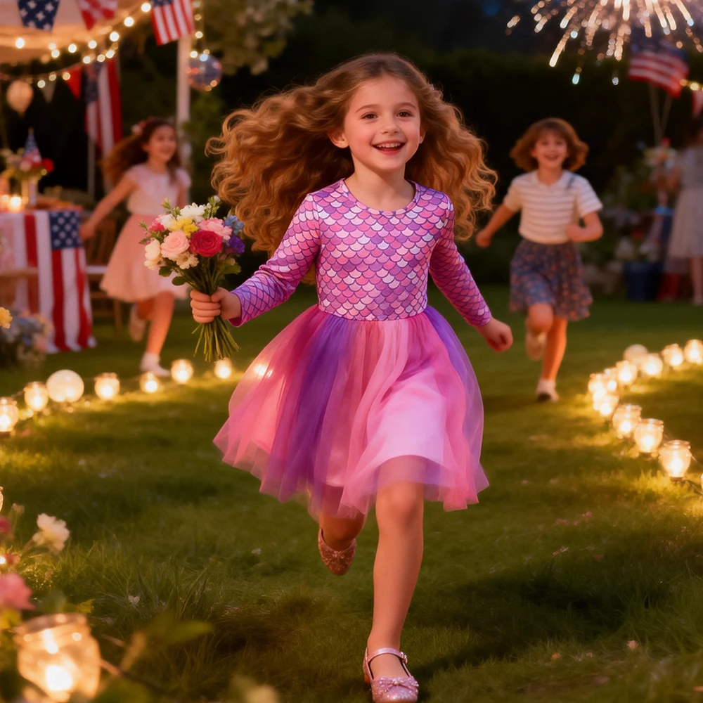 DXTON Baby Girls Long Sleeve Dresses Mermaid Casual Children School Outfits Mesh Patchwork Princess Tutu Dress Kids Party Clothe