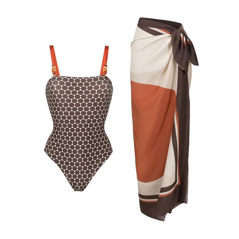 Women Swimsuits Dot Printing Decorated Strap One Piece Paired with a Sun Protection Cover-Up