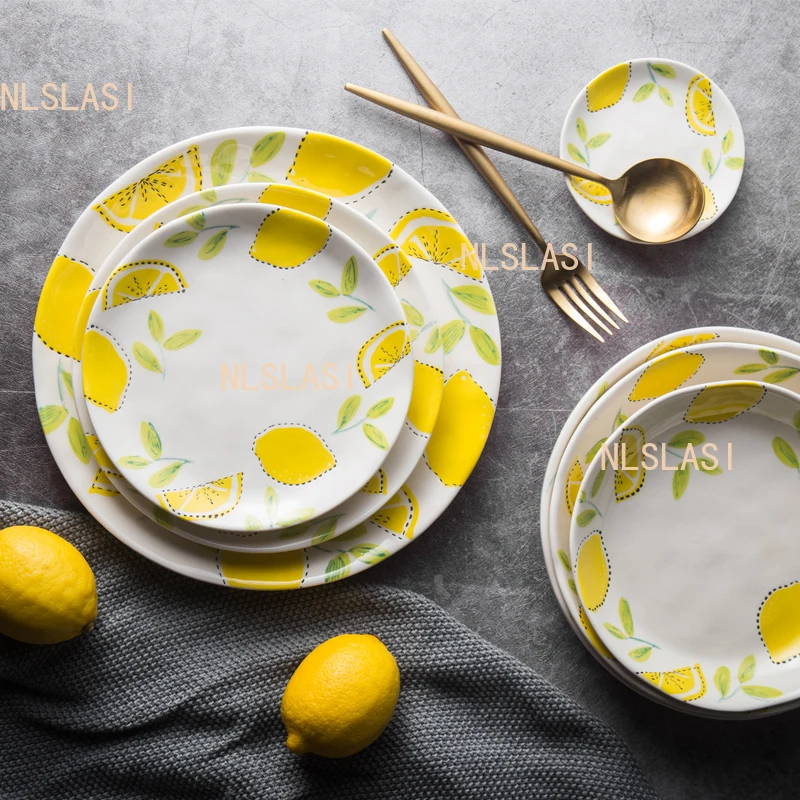 

1pcs Ceramic Western Cuisine Plate Household Round Flat Plate Vegetable Dish Creative Lemon Tableware Underglaze Colour