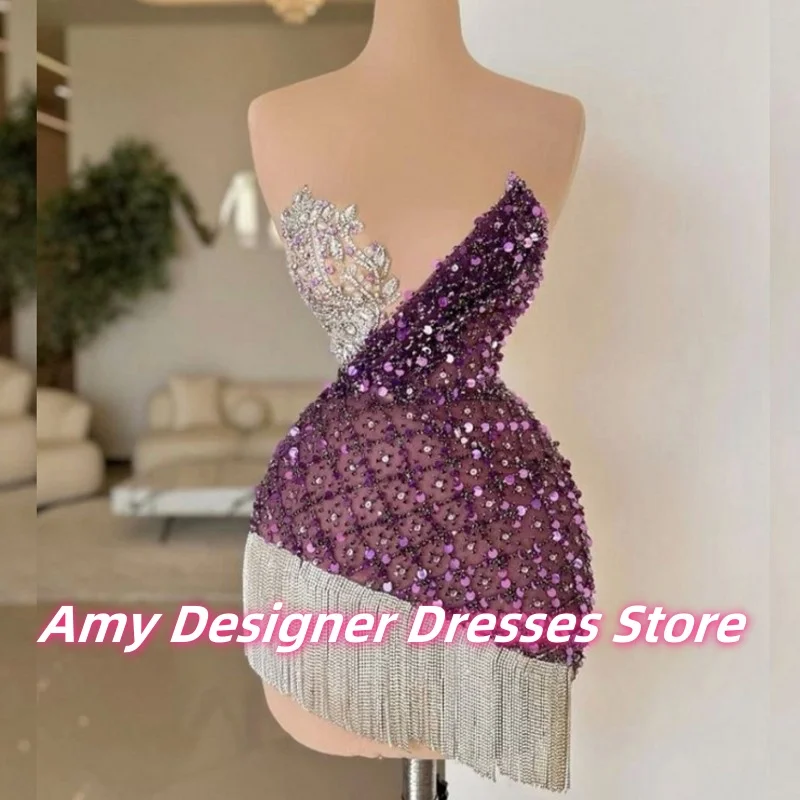 

Purple Sweetheart Birthday Dress 2025 Luxury Sequin Beaded Applique Tassel Mini Prom Dress Cocktail Gowns For Women Customized
