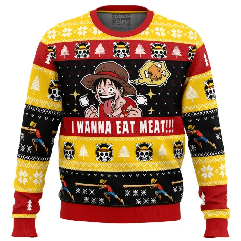 Autumn Men Crew Neck One I Want To Eat Meat Luffy Anime Christmas Sweatshirt Winter Soft Comfy Stylish Loose Pullover Tracksuit