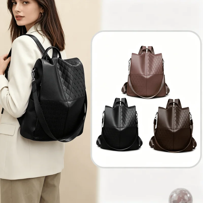 Women's PU Leather Anti-Theft Backpack Casual Large Capacity Convertible Shoulder Bag for Travel School with Laptop Compartment