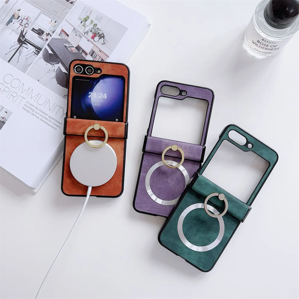 Ring Stand Magnetic Phone Case for Samsung Galaxy Z Flip6 Zflip5 Z Flip 3 4 5 6 Flip4 Flip3 Magsafe Charging Hinge Holder Cover