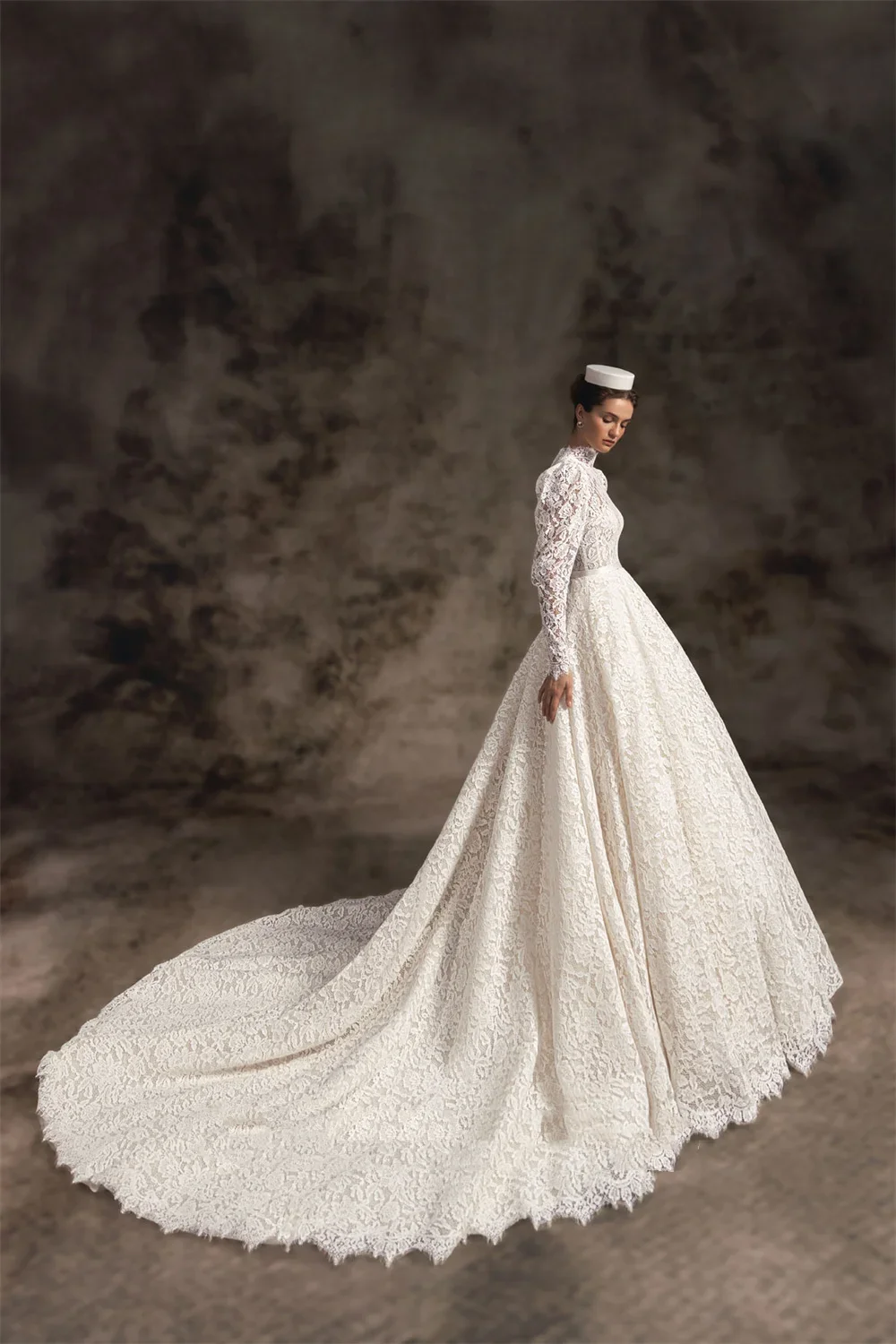 Flavinke Customized Full Lace Ball Gown A Line Wedding Dresses High Neck Long Sleeves Bridal Wedding Dresses vestidos de novia