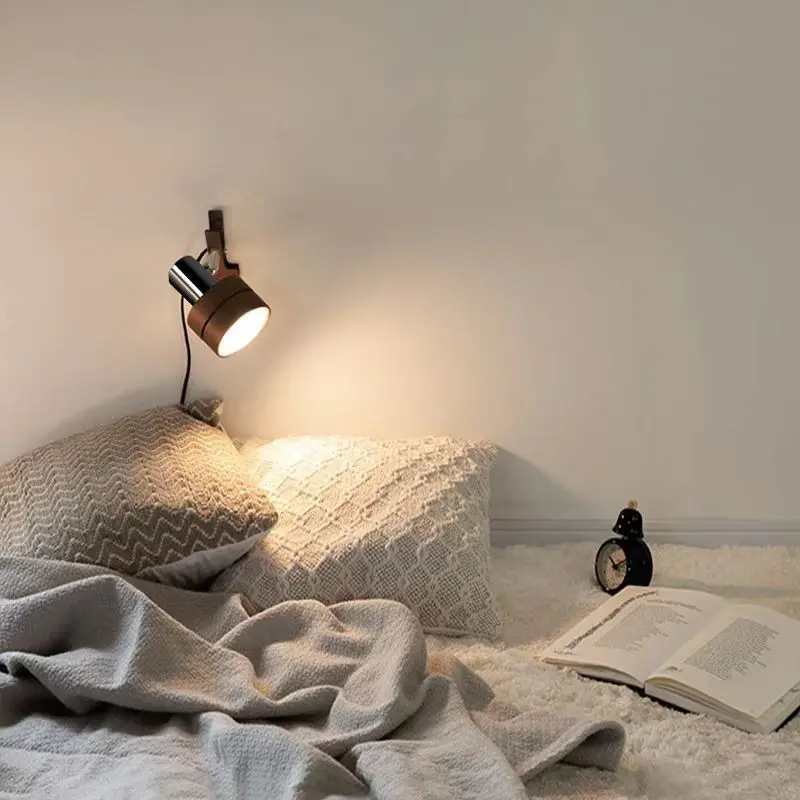 Swing Arm Clip Wall Lamp, Retro Japanese Solid Wood Sconce with Plug Cable, LED Reading Light for Bookshelf Bedside Office Table