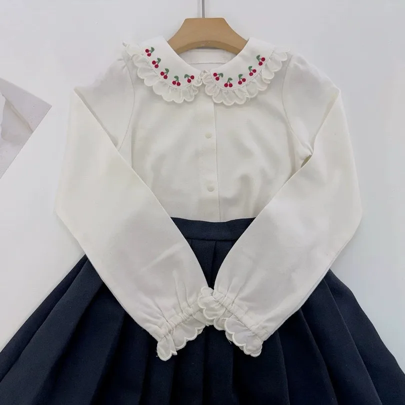 

spring baby girl clothes kids shirt cotton white Cherry pattern embroidery wide lapel Sweet girl's shirt baby tops