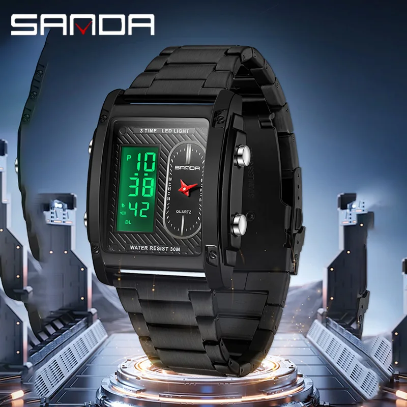 SANDA Top Brand Sports Watches for Men Double Display Quartz Wristwatch Square Gold Stainless Steel LED Digital Electron Clock