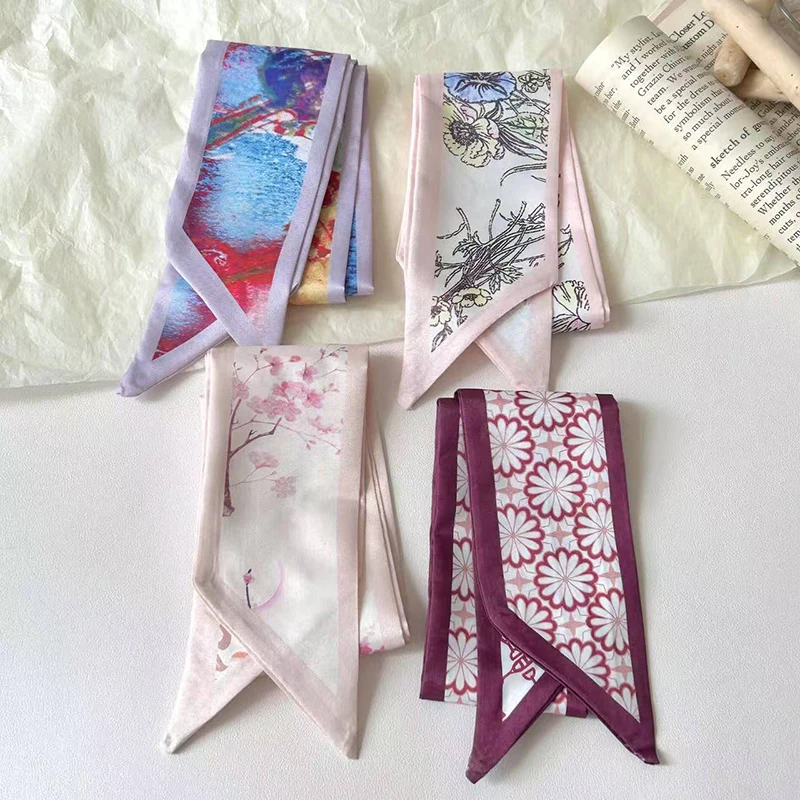New Luxury Brand Small Silk Scarf Women Hair Band Bag Handbag Handle Ribbon Scarf Band Flowers Printing Neck Scarves Neckerchief image 2
