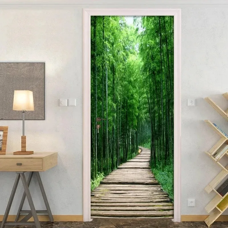 Lush Green Forest 3D Door Sticker Self-Adhesive Realistic Door Mural for Bedroom Cabinets Wardrobe