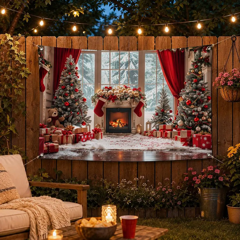 Christmas Fireplace And Stockings Flags Custom Wall Hanging Background Art Banner For Bedroom Home Living Room Outdoor Decor