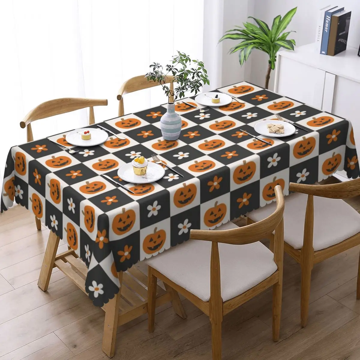 Custom Rectangular Waterproof Oil-Proof Halloween Checkers Pattern Pumpkins Tablecloth Table Covers 40